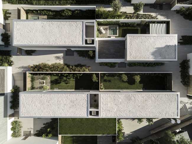 aerial view flat roofs residential area solarium